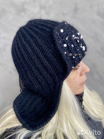 Шапка ушанка женская вязаная