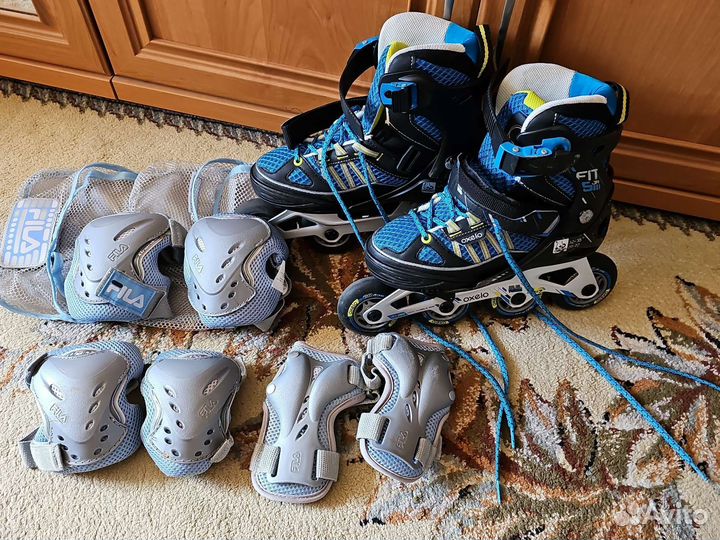 Роликовые коньки Oxelo раздвижные 32-35,защита