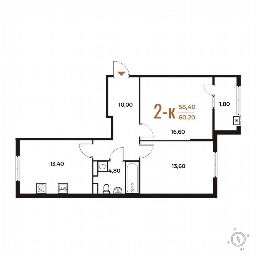 2-к. квартира, 60,2 м², 5/8 эт.