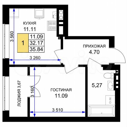 1-к. квартира, 35,8 м², 6/7 эт.