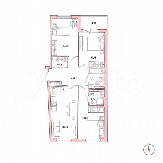 3-к. квартира, 77,4 м², 2/8 эт.