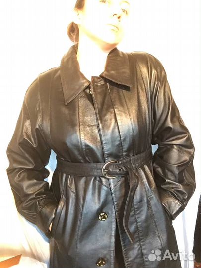 Винтажный кожаный черный плащ 44-46