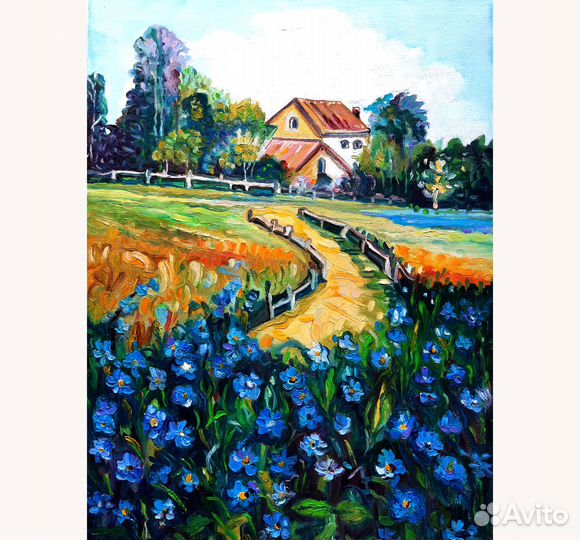 Картина маслом Льняное поле 40 на 30см