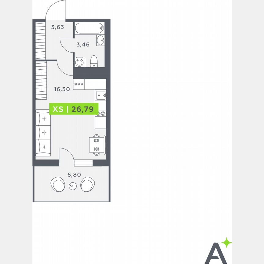Квартира-студия, 25,2 м², 2/12 эт.