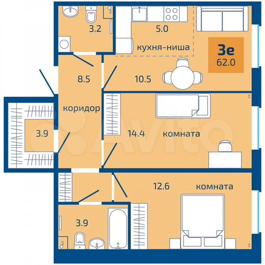 3-к. квартира, 62 м², 1/10 эт.