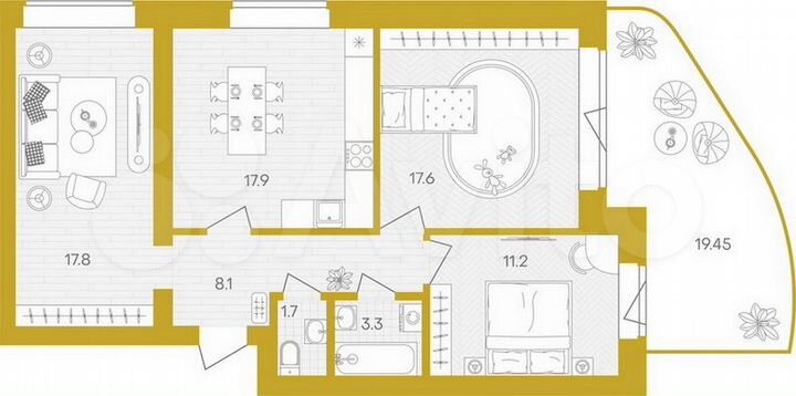 3-к. квартира, 97,1 м², 1/10 эт.