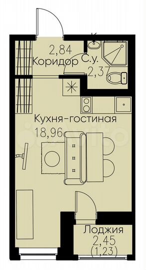 Квартира-студия, 25,4 м², 1/12 эт.