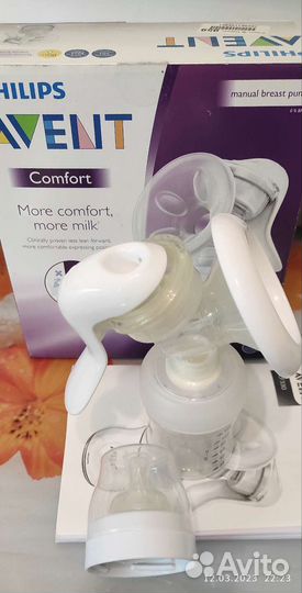 Молокоотсос avent ручной с бутылкой и соской
