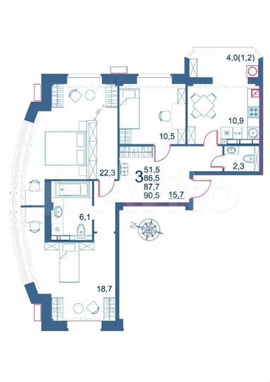 3-к. квартира, 90,5 м², 5/9 эт.