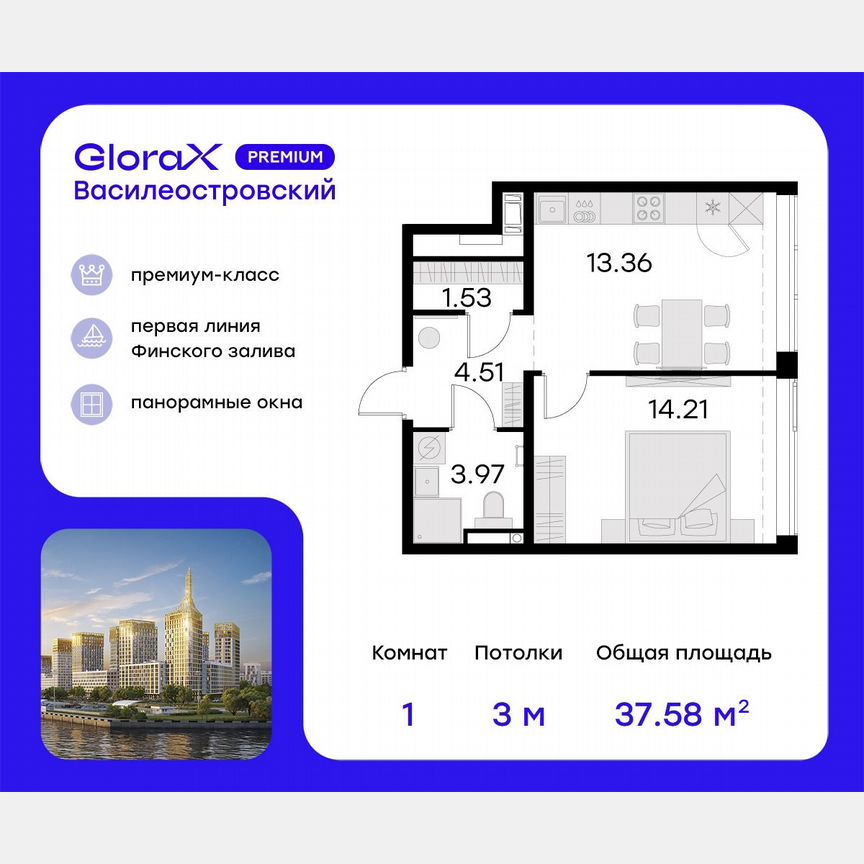 1-к. квартира, 39,4 м², 16/19 эт.
