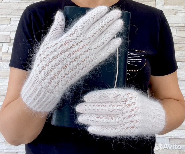 Перчатки вязаные белые ажурные Козий пух