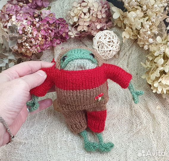 Вязаная Лягушка как в Пинтерест в красном костюме