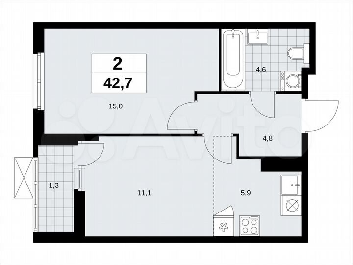 2-к. квартира, 42,7 м², 11/18 эт.