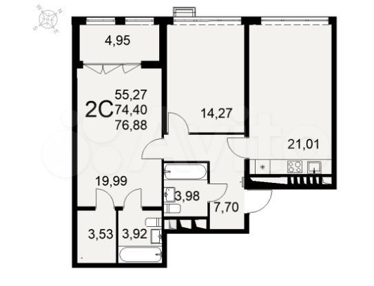 2-к. квартира, 77 м², 7/16 эт.