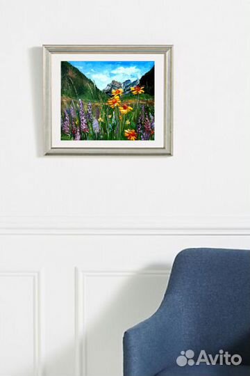 Картина маслом Горный пейзаж с цветами, Алтай