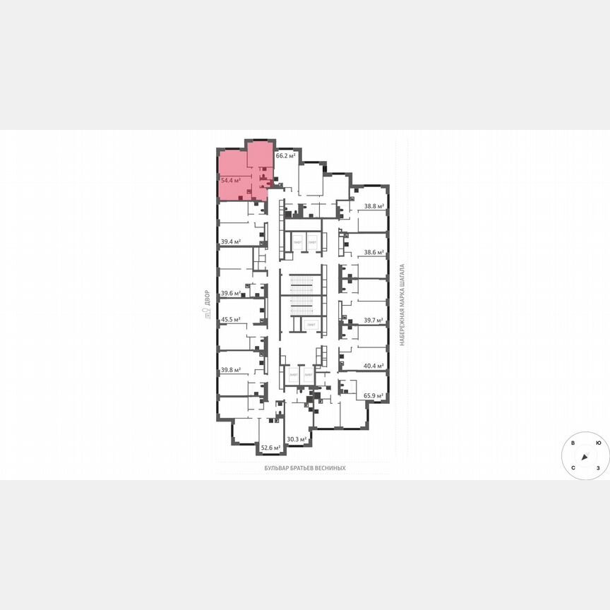 2-к. квартира, 54,4 м², 25/43 эт.