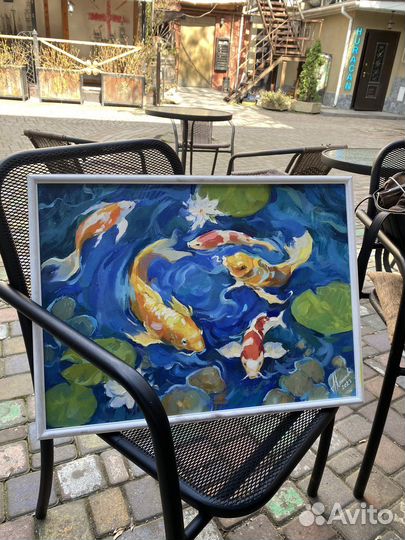 Картина маслом «Японские карпы» 40*55см в рамке