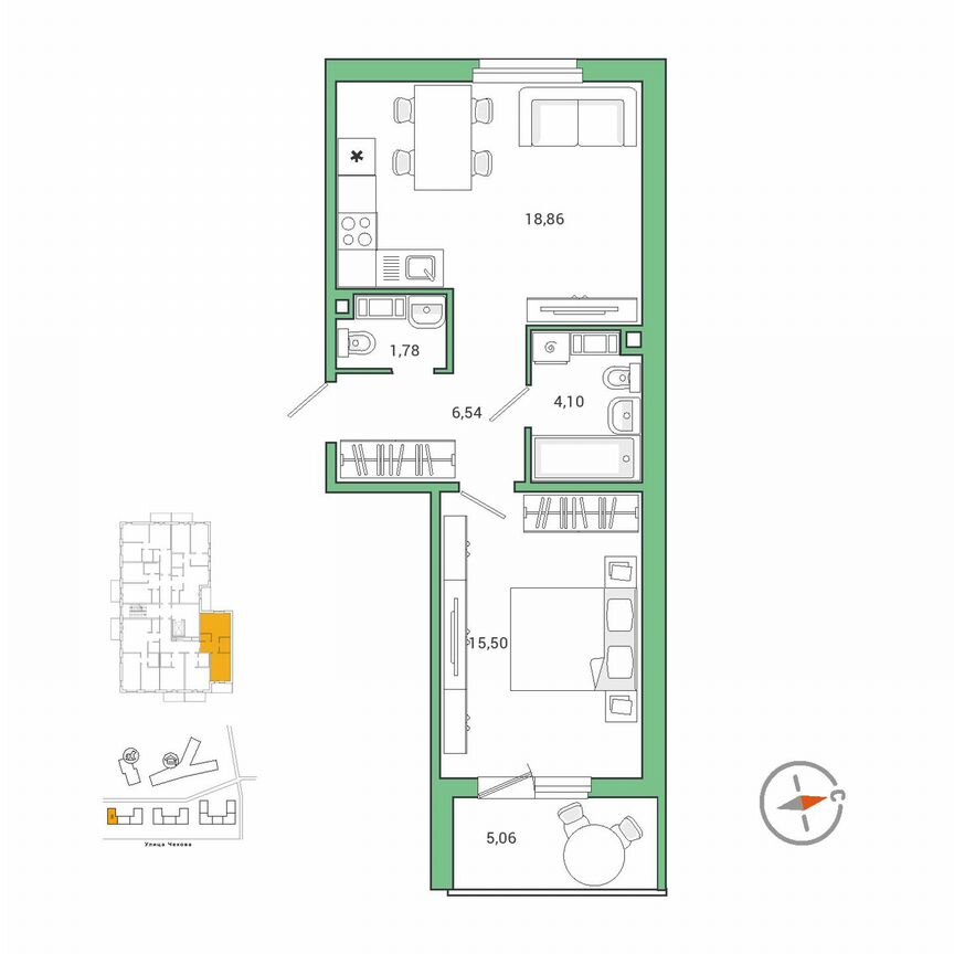 1-к. квартира, 49,6 м², 9/9 эт.