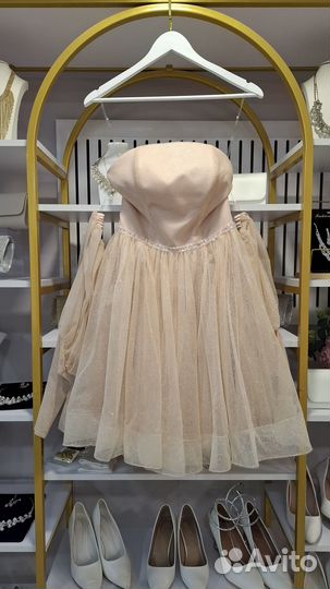 Бежевое блестящее выпускное платье мини 44 размер