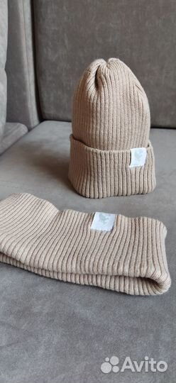 Шапка 0-6 месяцев, снуд, пинетки (комплектом)