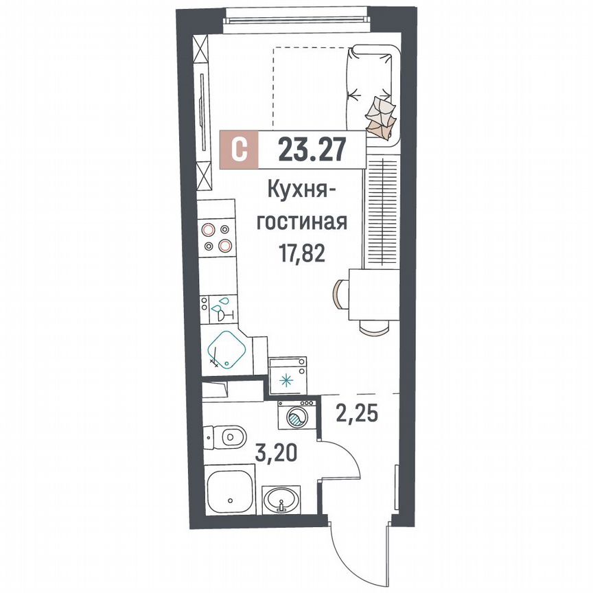Квартира-студия, 23,3 м², 2/18 эт.