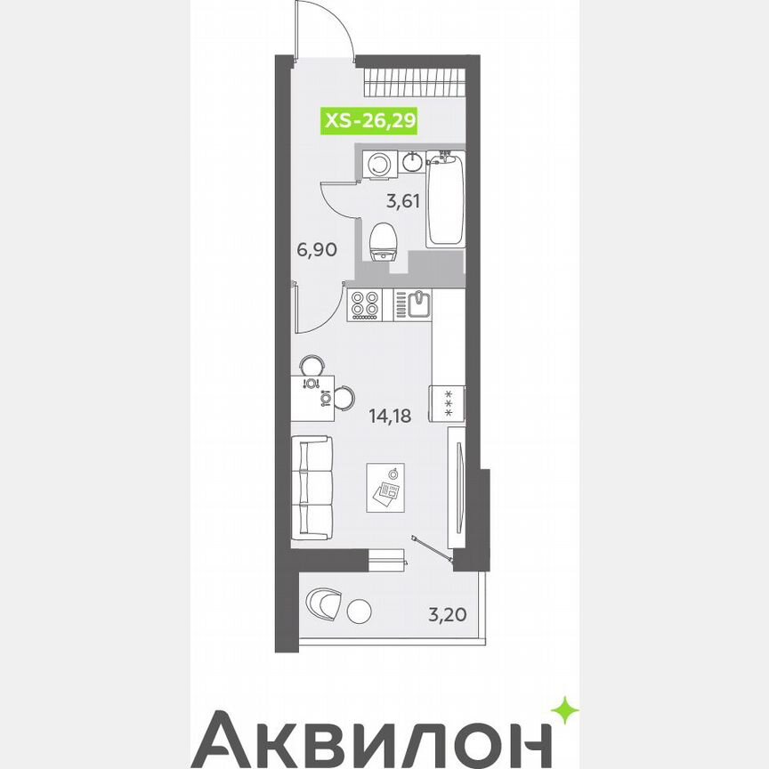 Квартира-студия, 26,3 м², 12/13 эт.