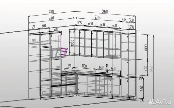 Кухня угловая на заказ с витриной