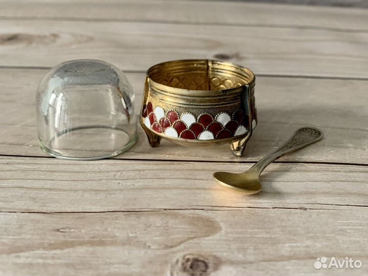 Мельхиоровая солонка с ложечкой эмаль СССР винтаж