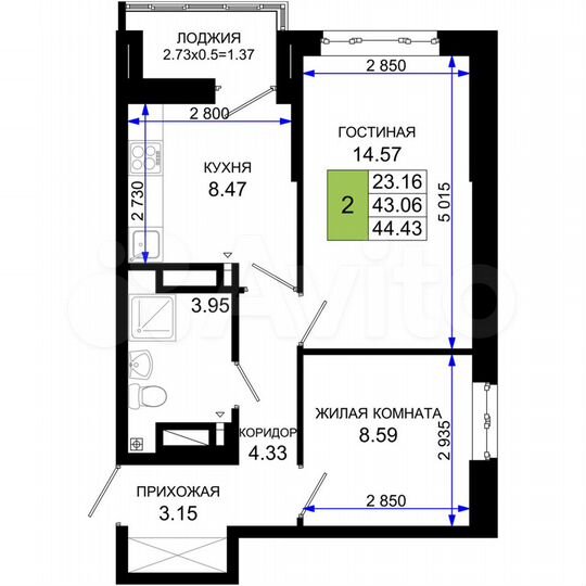 2-к. квартира, 44,4 м², 12/25 эт.