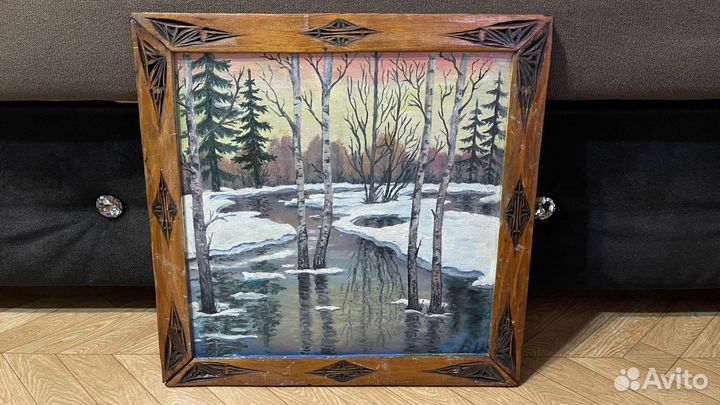 Картина маслом «Весна» на дереве в старинной раме