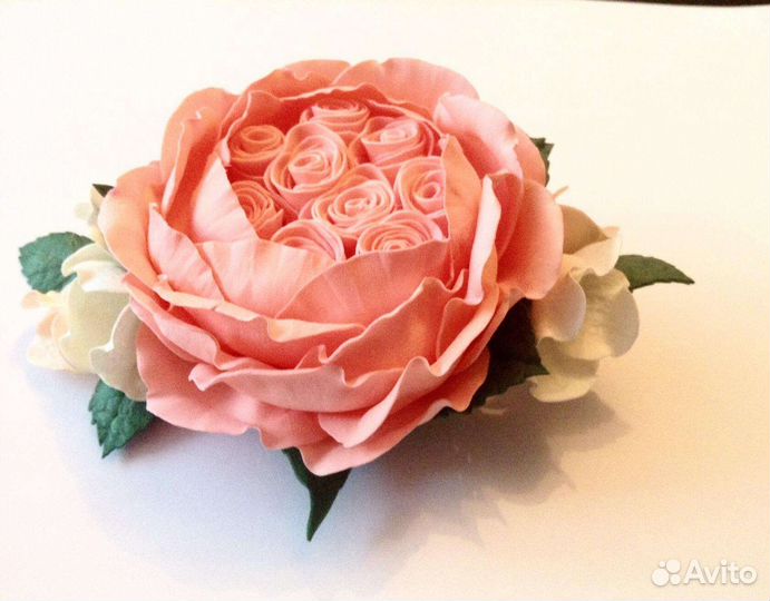 Заколка- зажим Пионовидная Роза с гортензиями