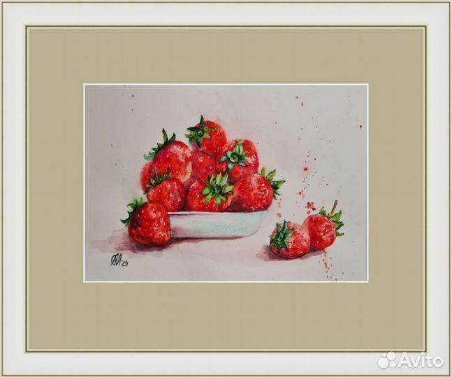Картина с ягодами клубники, акварель 21 30 см