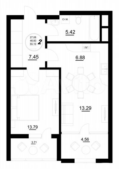 2-к. квартира, 55,1 м², 3/3 эт.