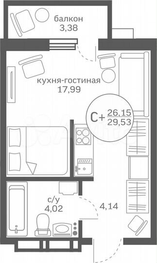 Квартира-студия, 26,2 м², 11/20 эт.