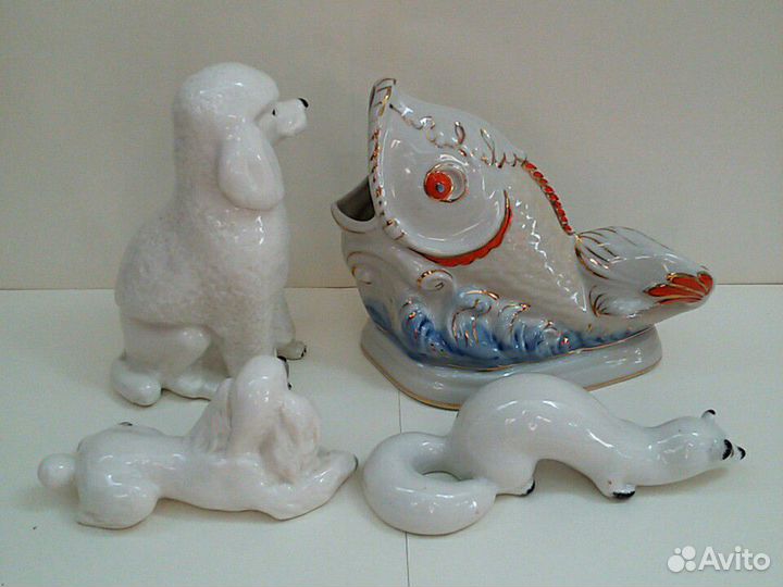 Фарфоровая статуэтка пудель песец рыба