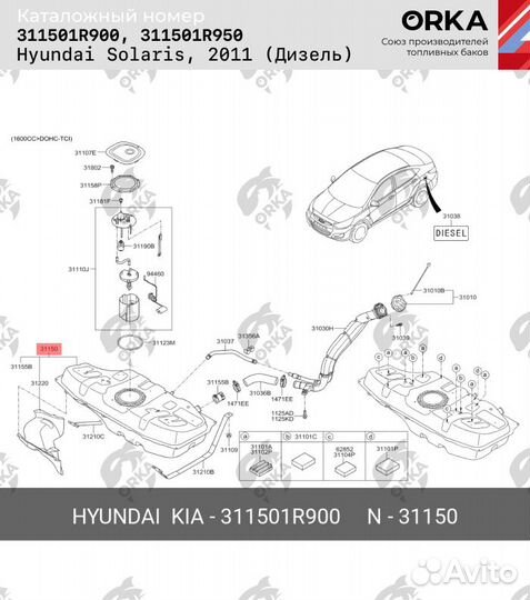 Топливный бак Hyundai Solaris дизель антикоррозия