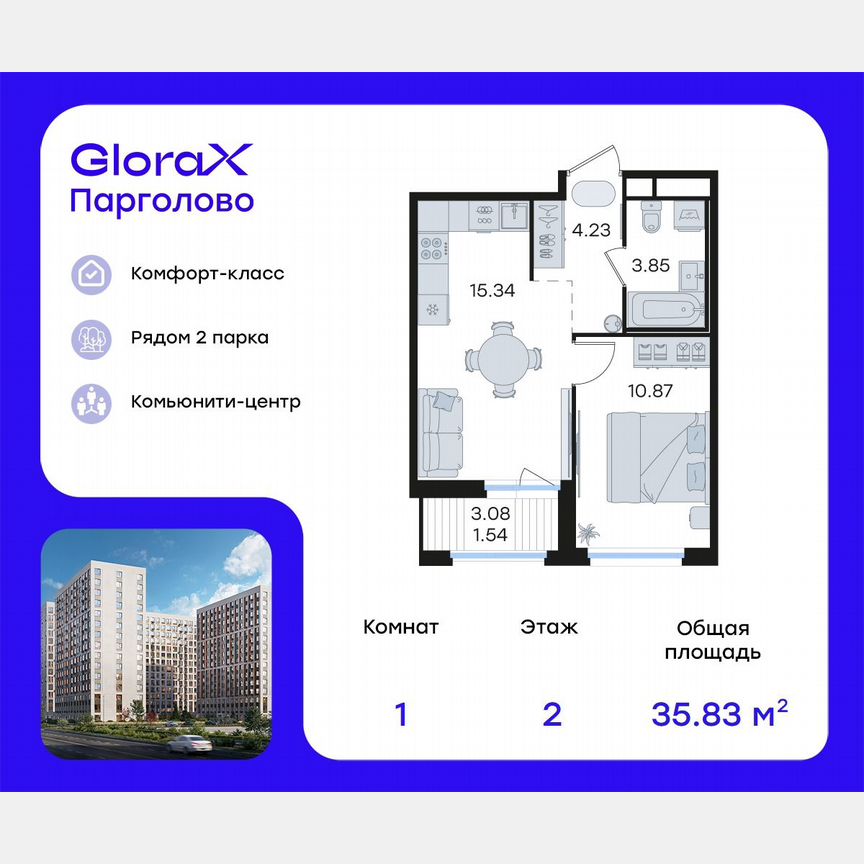 1-к. квартира, 35,8 м², 2/15 эт.