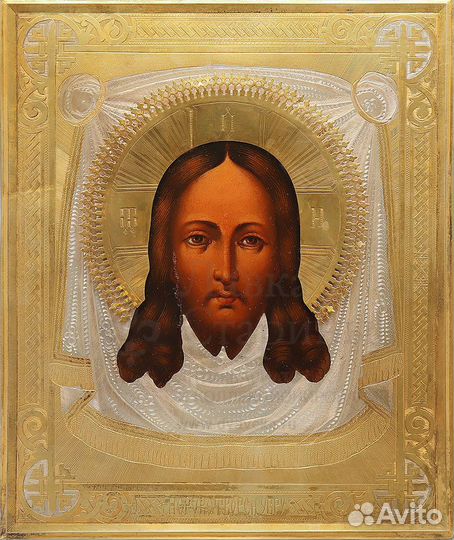 Старинная икона в латунном окладе «Спас нерукотвор