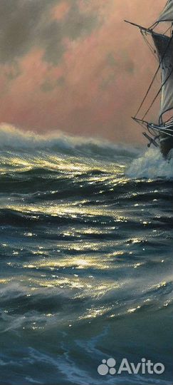 Картина маслом на холсте. Парусник полная луна