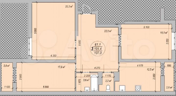 3-к. квартира, 107 м², 15/19 эт.