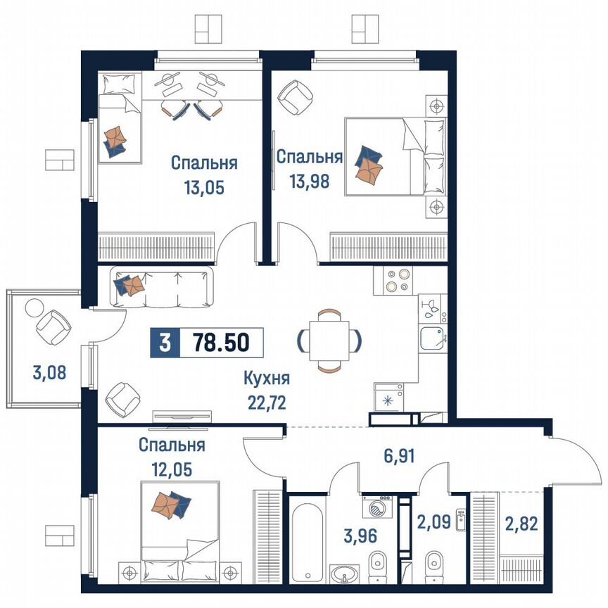 3-к. квартира, 78,5 м², 8/18 эт.