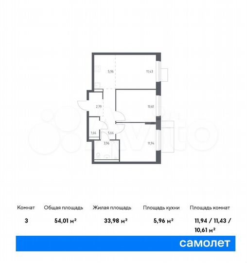 3-к. квартира, 54 м², 11/17 эт.
