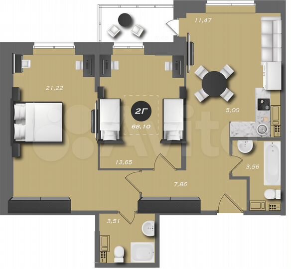 2-к. квартира, 68,1 м², 9/22 эт.