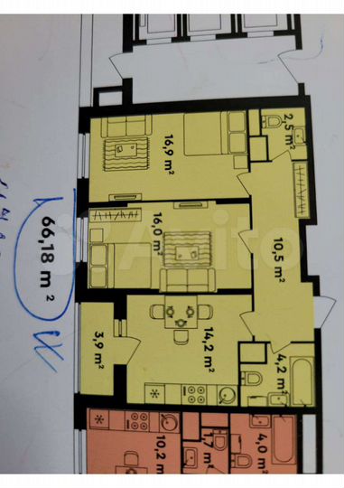 2-к. квартира, 66,2 м², 11/25 эт.