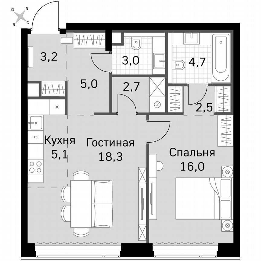 1-к. квартира, 60,5 м², 48/60 эт.