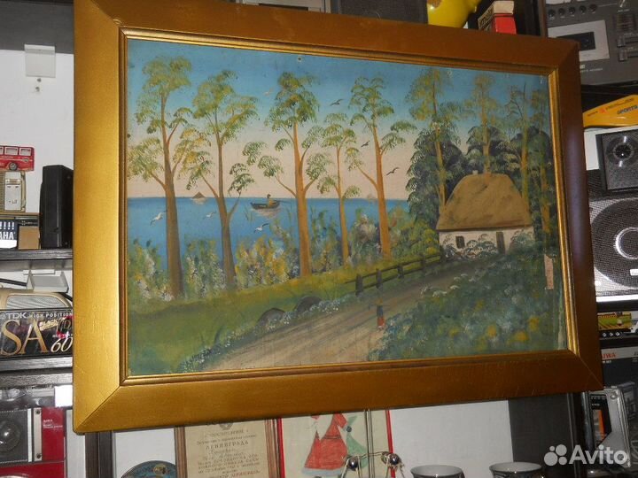 Большая старинная картина масло на фанере