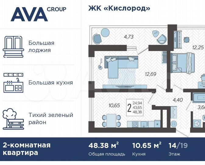 2-к. квартира, 48,4 м², 14/19 эт.