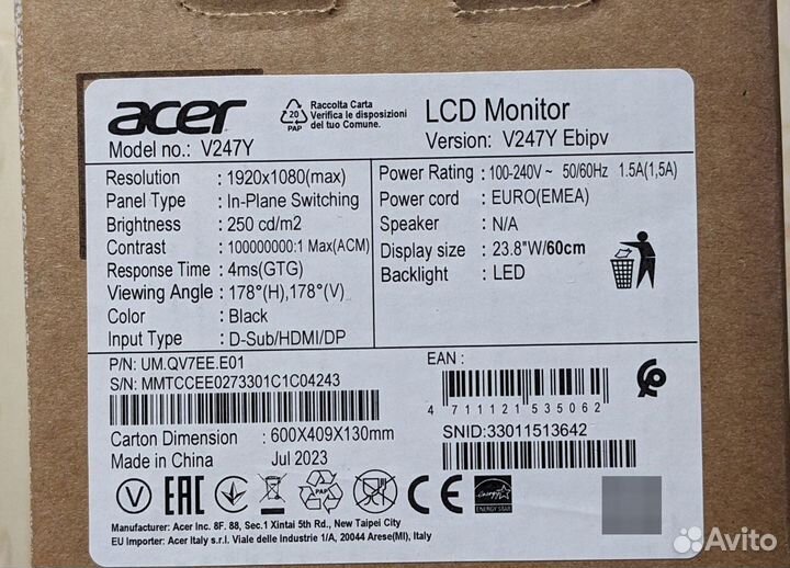 Монитор Acer Vero V247YEbipv 23,8