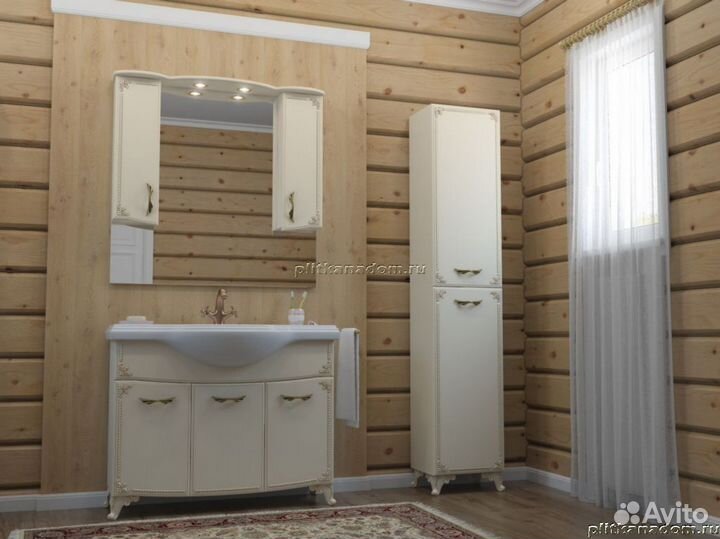 Какса-А Классик-Д 4235 Зеркало + Шкаф 105, с подсветкой, Бежевый с золотом 105х100х22,6