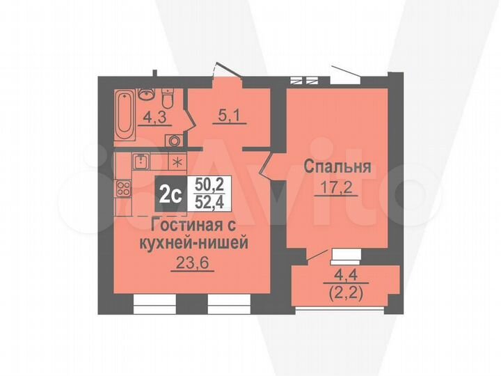 2-к. квартира, 52,4 м², 10/14 эт.
